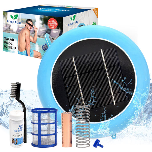 RiverPure Solar Pool Ionizer | New Version Improved Quality | Up to 85% Less Chlorine | Pool Cleaning Device | Chlorine Free Pool Purifier & Sanitizer | Longer-Lasting Anode | Up to 45,000 Gallons